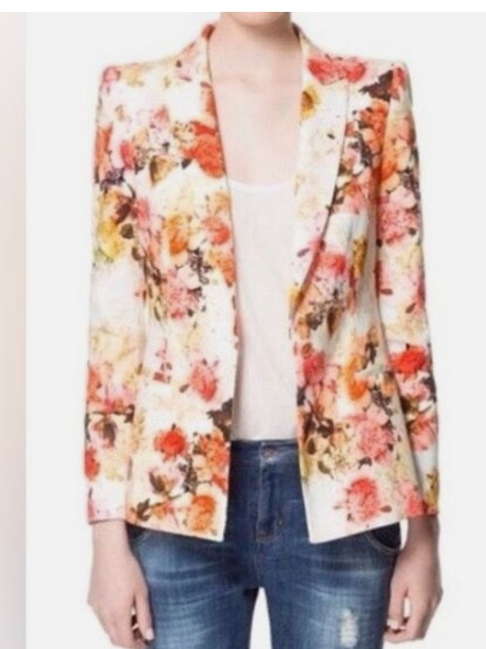 ZARA Floral Printed Open-Front Blazer Jacket - White Multi! S